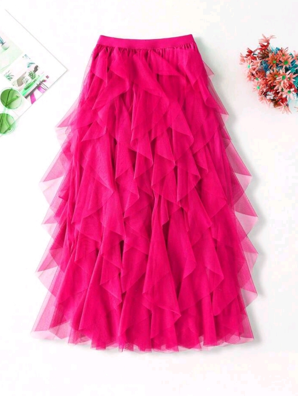 1pc Women Asymmetrical Wavy Layer Cake Skirt, Mesh Fluffy Skirt Spring